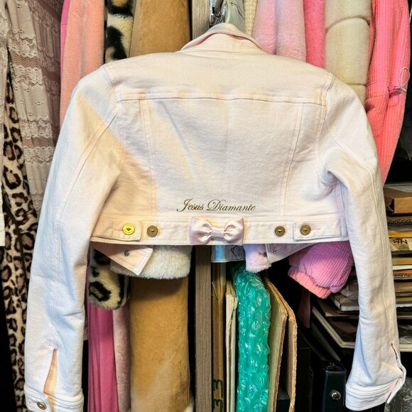♡ JESUS DIAMANTE Crop White/Rose Pink Denim Jacket ♡ - Picture 4 of 6